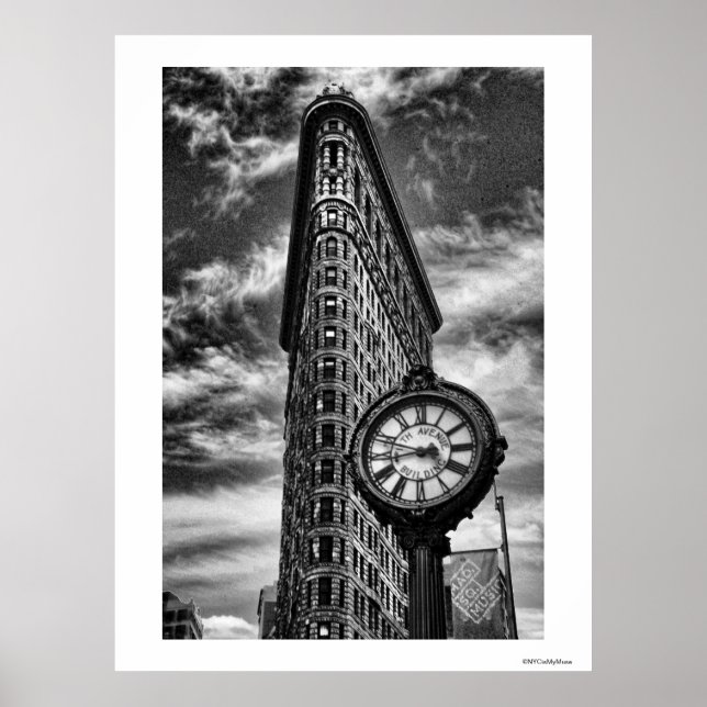 Affiche Flatiron Building et horloge en noir et blanc (Devant)