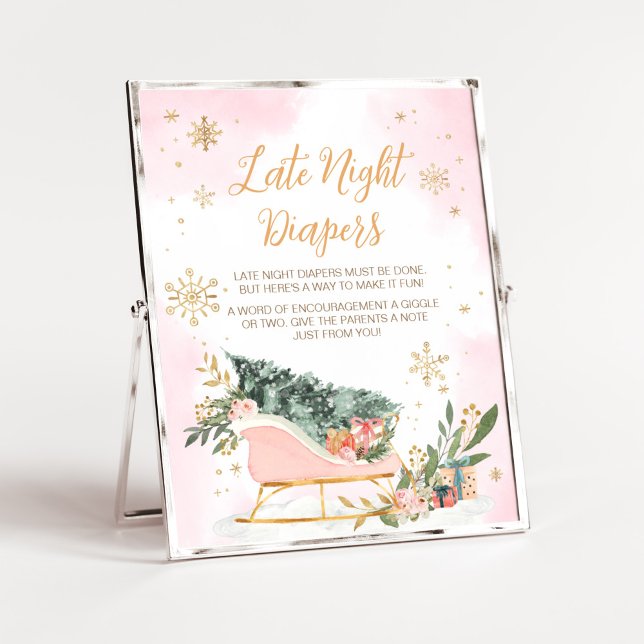 Affiche Fléau de neige rose d'hiver Late Night Diapos (Pink Sleigh Baby Shower Late Night Diapers Sign)