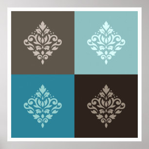 Affiche Flèche Damask Pattern Carrés Teals Browns White