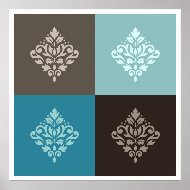 Affiche Flèche Damask Pattern Carrés Teals Browns White (Devant)