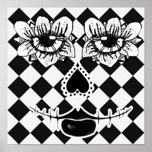 Affiche Fleur à Visage Carrelé Ar Surréaliste Noir et Bl