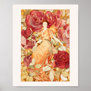 Affiche Fleur Art Nouveau Fée avec Roses rouges et oranges