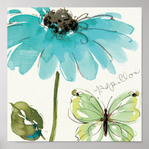 Affiche Fleur bleue et papillon