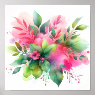 Affiche Fleur botanique à l'aquarelle rose vert