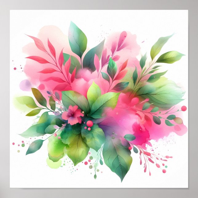 Affiche Fleur botanique à l'aquarelle rose vert (Devant)