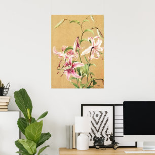 Affiche Fleur Botanique d'Art de Lys Oriental Rose Vintage