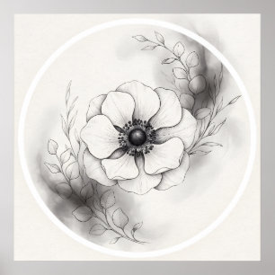Affiche Fleur d'anémone botanique noir blanc