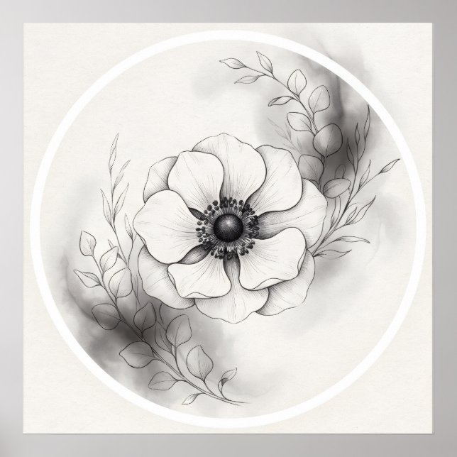 Affiche Fleur d'anémone botanique noir blanc (Devant)