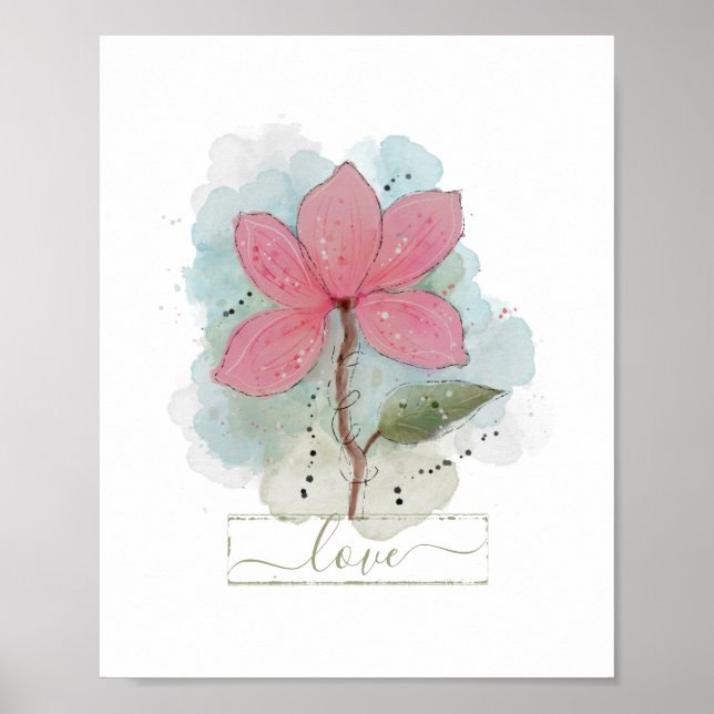 Affiche Fleur d'aquarelle rose Amour (Devant)