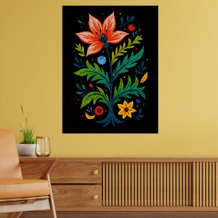 Affiche Fleur d'Art Populaire Botanique Sombre Vibrant Sym