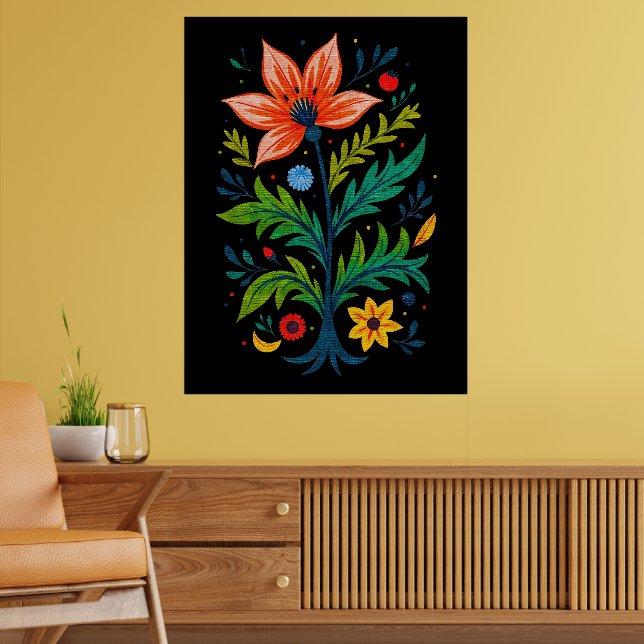 Affiche Fleur d'Art Populaire Botanique Sombre Vibrant Sym (Salon 2)