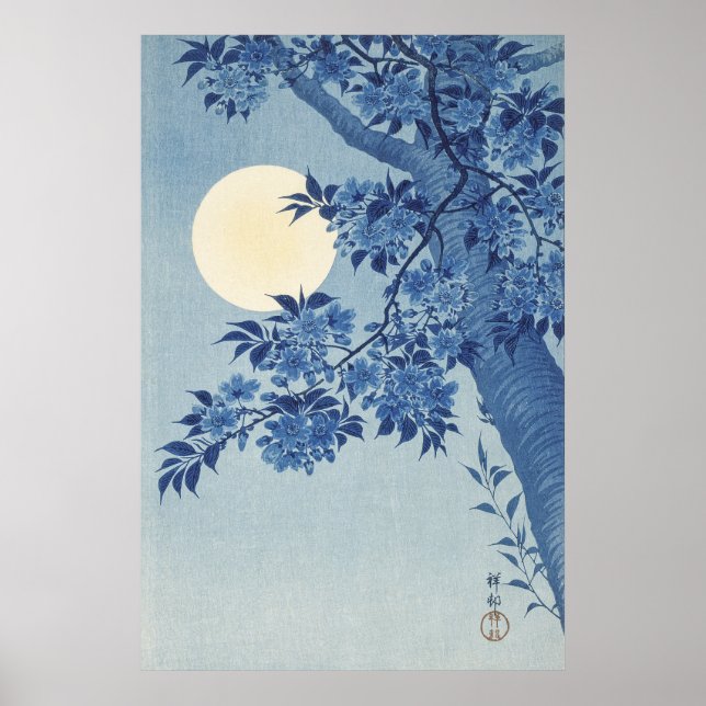 Affiche Fleur de cerise sur une nuit éclairée par la lune (Devant)