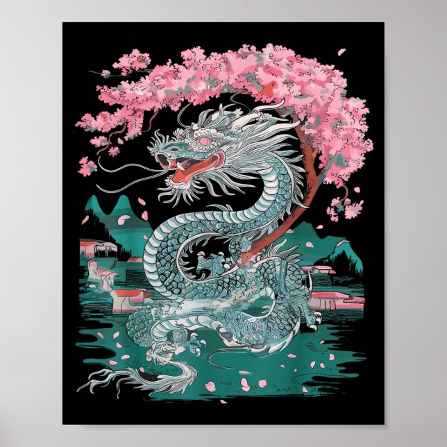 Affiche Fleur de cerisier Dragon chinois Nouvel An chinois (Devant)