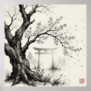 Affiche Fleur de cerisier et torii — Encre sumi-e japonais