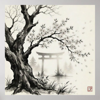 Affiche Fleur de cerisier et torii — Encre sumi-e japonais