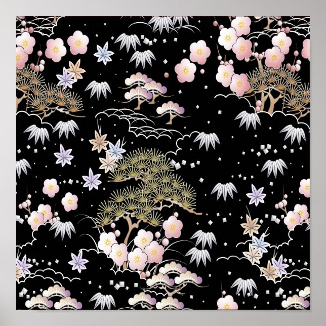 Affiche Fleur de cerisier rose noir Élégant motif floral (Devant)