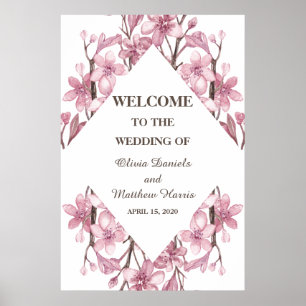 Affiche Fleur de cerisier rose printemps. Bienvenue au mar