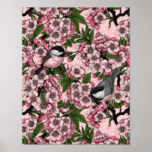 Affiche Fleur de cerisiers et poulets roses