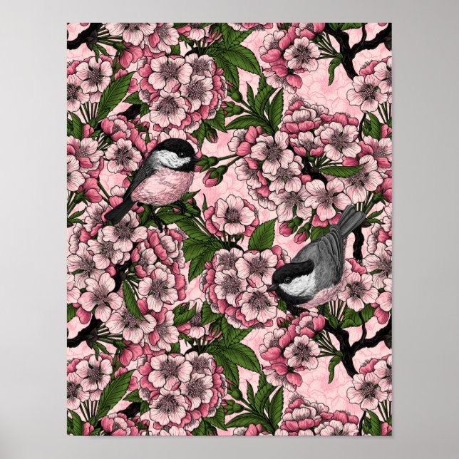 Affiche Fleur de cerisiers et poulets roses (Devant)