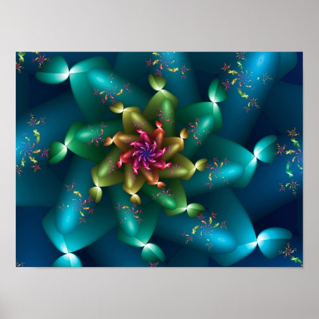 Affiche Fleur de corail océanique Art fractal sarcelle et  (Devant)