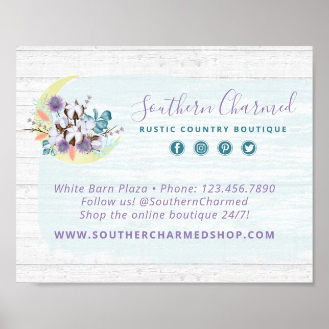 Affiche Fleur de coton du Sud et bois rustique de campagne (Devant)