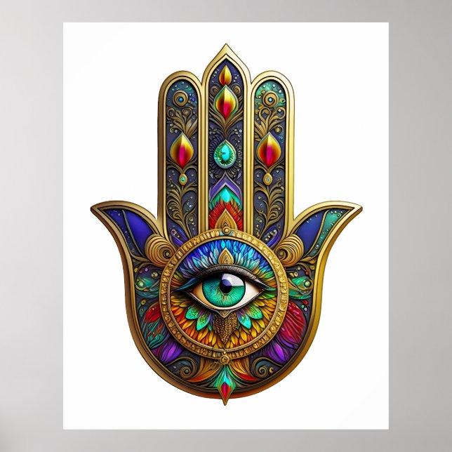 Affiche Fleur de couleur de paon Pétales de Hamsa Vert Tro (Devant)