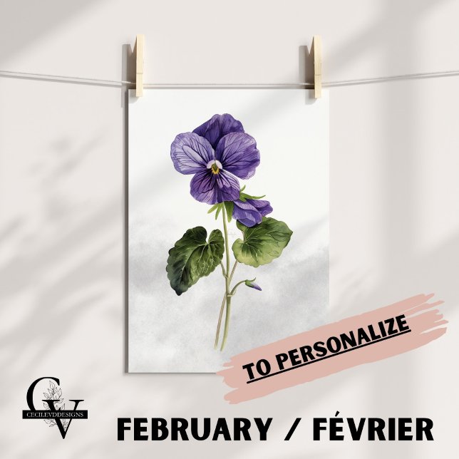 Affiche Fleur de février aquarelle botanique violette (Fleur de Naissance du mois de Février : La Violette)