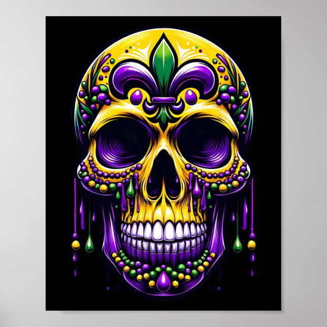 Affiche Fleur De Lis Mardi Gras Crâne Carnaval de la Nouve (Devant)