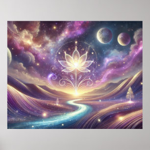 Affiche Fleur de lotus avec ciel cosmique et rivière coula