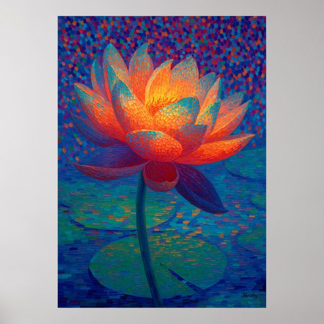 Affiche Fleur de Lotus Lumineuse Art Pointillisme (Devant)