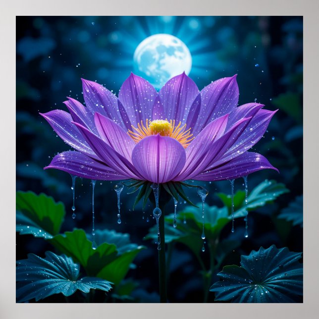 Affiche Fleur de lotus pourpre sous la lumière de la lune (Devant)