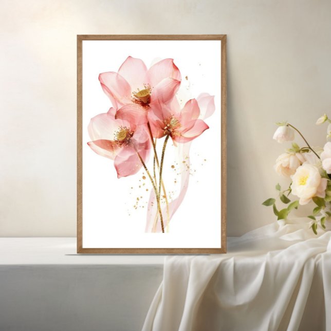 Affiche Fleur de lotus rose Nymphéa Aquarelle Éthérée (Pink Water lily Lotus Flower Watercolor Translucent Wall Art
)