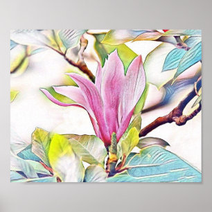 Affiche Fleur de magnolia rose aquarelle fond bleu