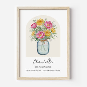 Affiche Fleur de Naissance Mois Chrysanthème Pivoi