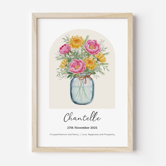 Affiche Fleur de Naissance Mois Chrysanthème Pivoi (Personalised November Birth Month Flower Bouquet in Vase Poster | Chrysanthemum and Peony.)