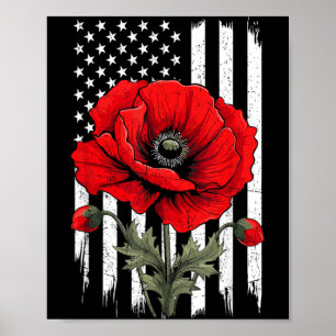 Affiche Fleur de pavot rouge drapeau patriotique États-Uni