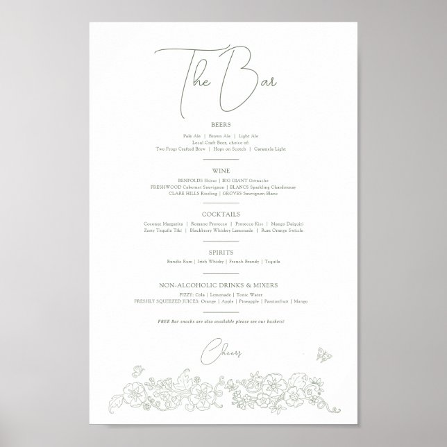 Affiche Fleur de printemps blanc mariage menu de boissons (Devant)