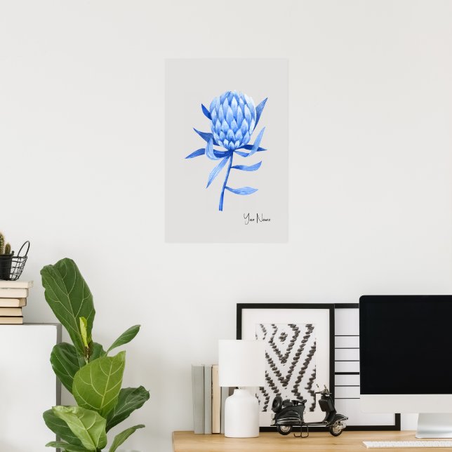 Affiche Fleur de Protéa Tropicale Bleu de Cobalt Aquarelle (Bureau à domicile)