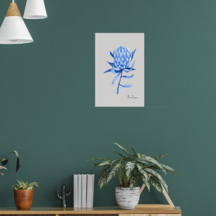Affiche Fleur de Protea Tropicale Bleu de Cobalt Aquarelle