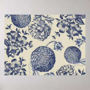 Affiche Fleur de style antique bleu floral