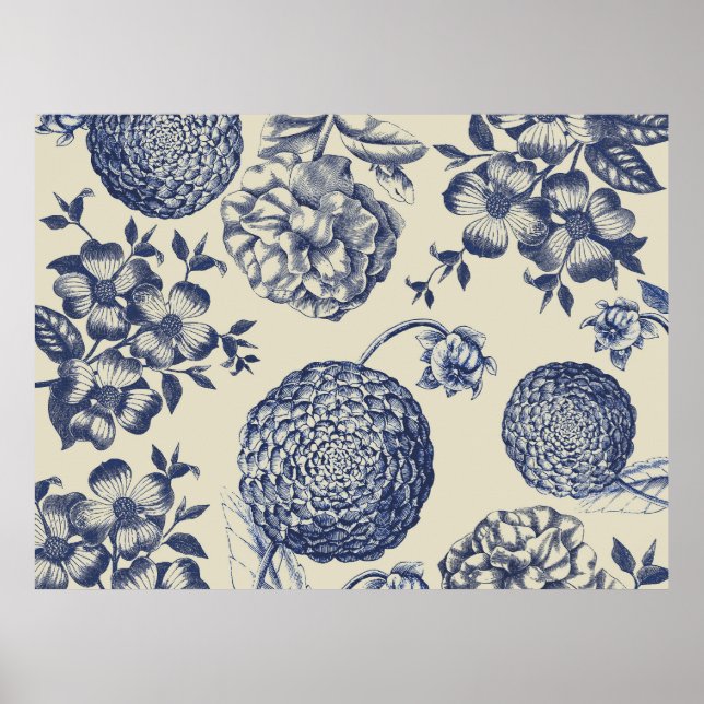 Affiche Fleur de style antique bleu floral (Devant)