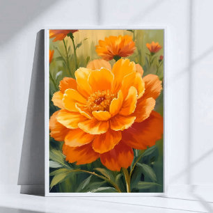 Affiche Fleur de Tagète Fleur d'eau orange peinte à l'aq