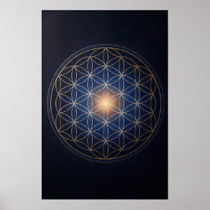 Affiche Fleur de Vie Géométrie Sacrée Or Bleu Spirituel