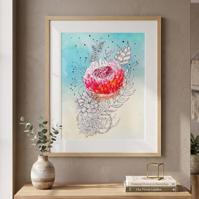 Affiche Fleur d'encre de doodle d'aquarelle rose vibrant A (Créateur téléchargé)