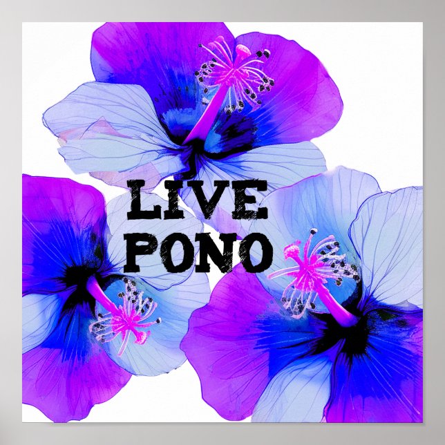 Affiche Fleur d'Hibiscus Hawaïen Violet Bleu Live Pono  (Devant)