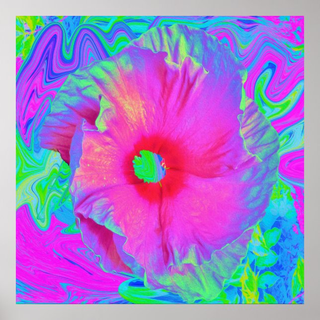 Affiche Fleur d'Hibiscus rose et rouge psychédélique (Devant)