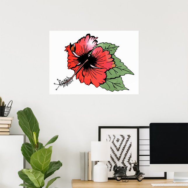 Affiche Fleur d'Hibiscus Rouge Tropical avec Feuilles Vert (Créateur téléchargé)