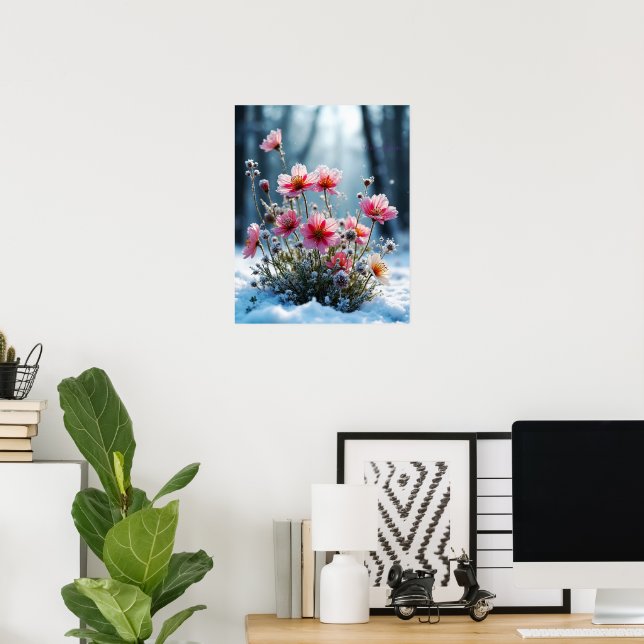 Affiche Fleur d'hiver – Cosmos rose dans la neige (Bureau à domicile)
