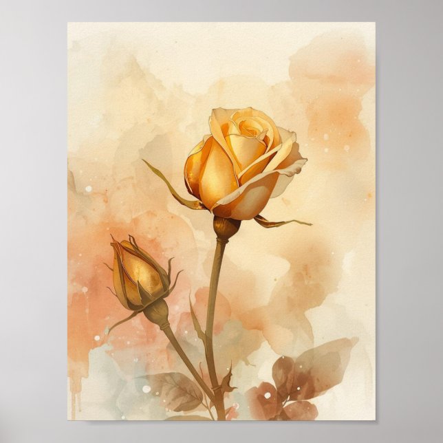 Affiche Fleur d'or aquarelle chaude ambre rose dorée (Devant)
