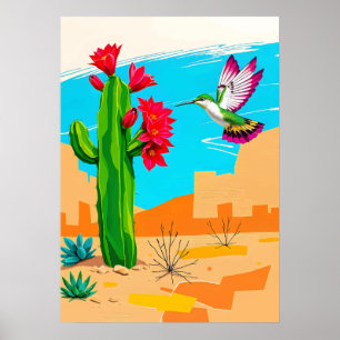 Affiche Fleur du désert et colibri - Southwest Pop Art